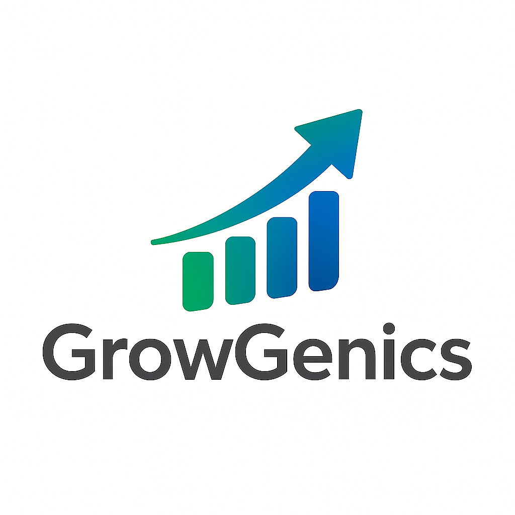 GrowGenics logo featuring an upward growth curve symbol integrated with modern typography, representing strategic consulting services.