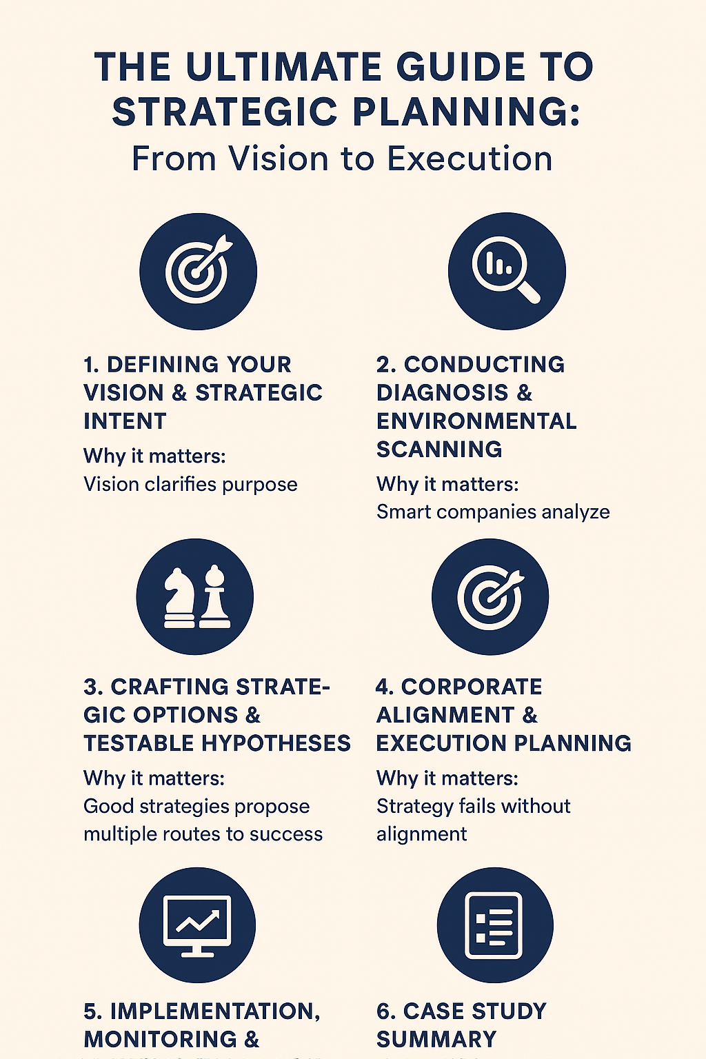 Strategic planning infographic showing the full process from vision and goal setting to execution, including analysis, strategy development, implementation, and performance monitoring, designed for business growth.