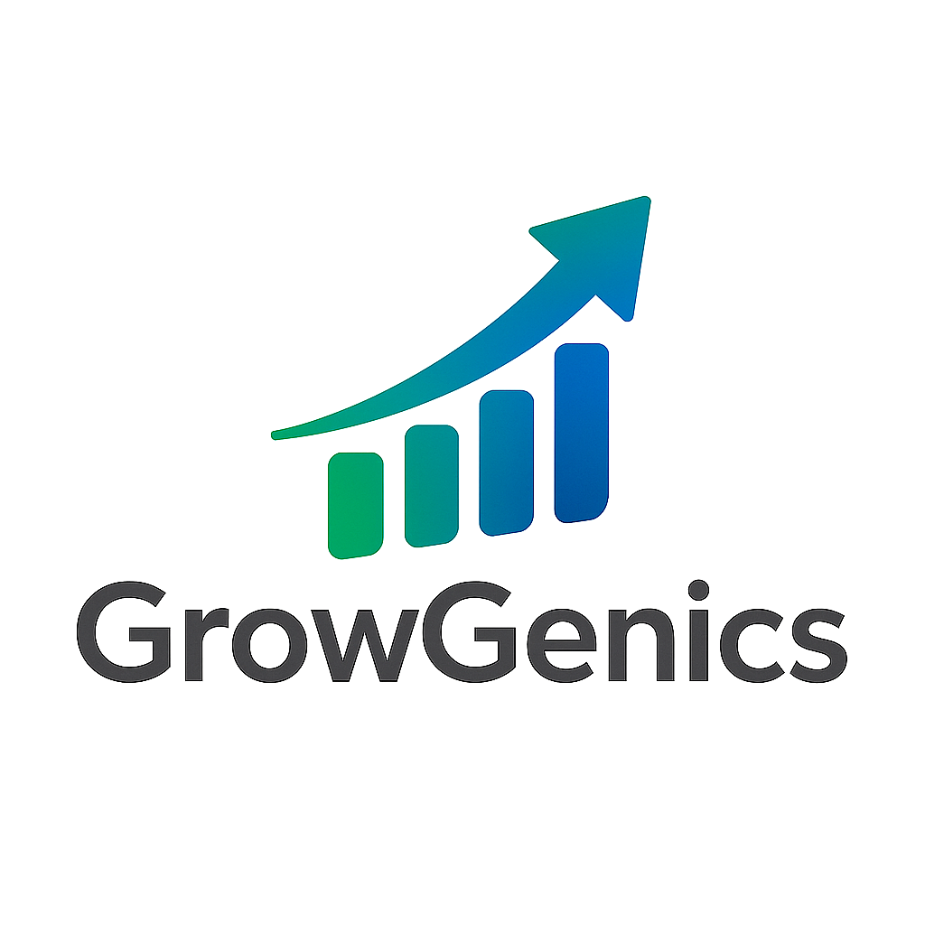 GrowGenics logo featuring an upward growth curve symbol integrated with modern typography, representing strategic consulting services.