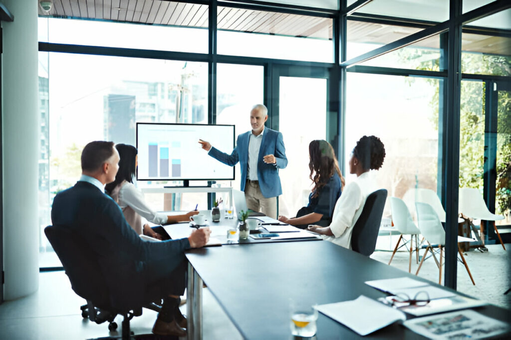 Business experts analyzing market data to shape strategic direction